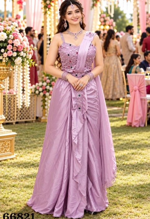 Lavender Satin Classic Saree with Embroidered and Stone Work